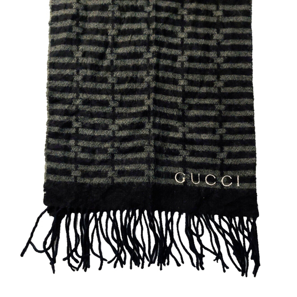 Gucci Black & Gray Embroidered Logo Geometric Weave Wool Scarf Pre-owned - Picture 13 of 16